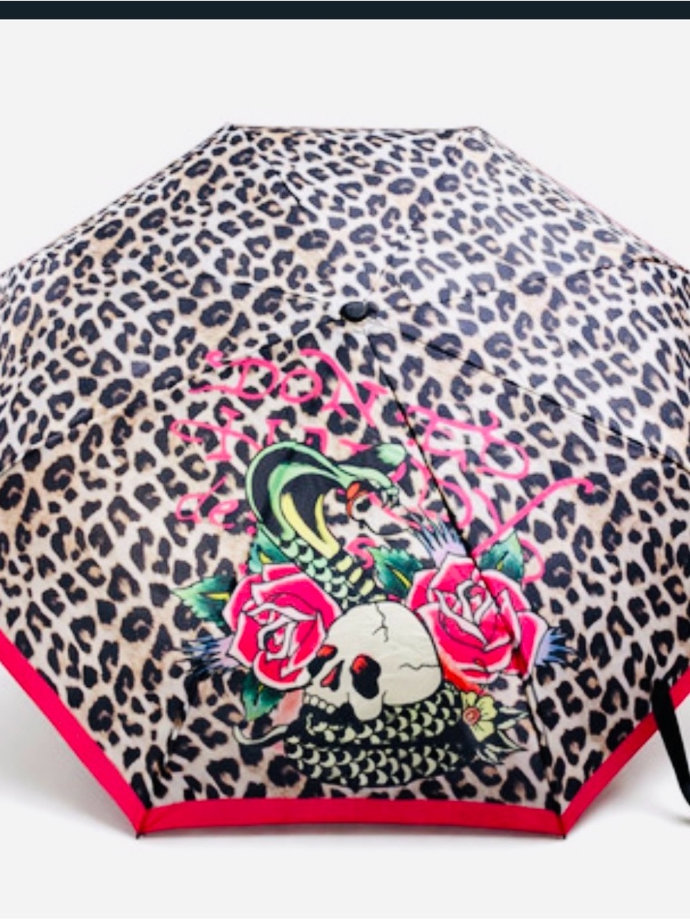 New Ed HardyLeopard Print Compact Umbrella with Skull & Rose Graphic - Pink Trim